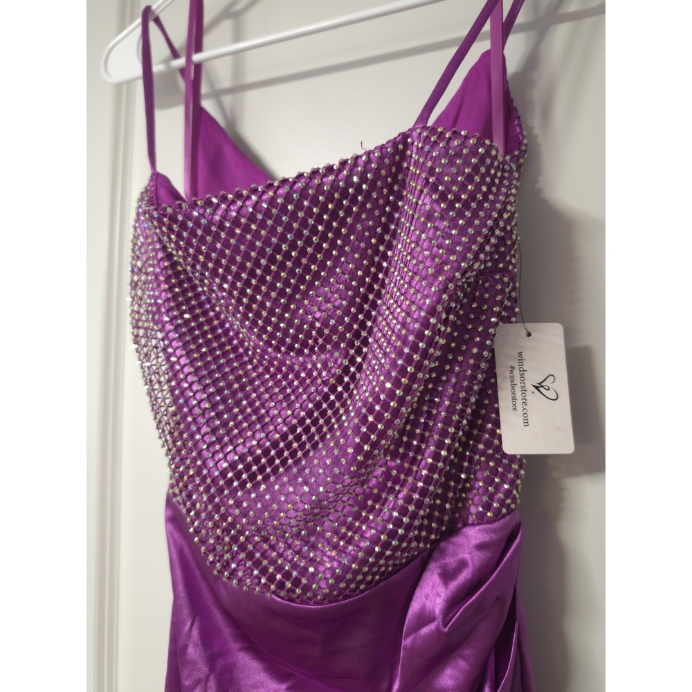 Windsor Women's Purple Satin Bodycon Dress Cowl Neck Rhinestone Short Size M NWT